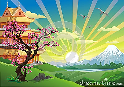 Asian Palace - the landscape in purple tones Cartoon Illustration