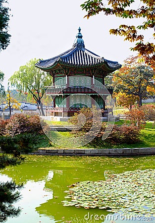 Seoul, South Korea, Gyeongbok palace or temple pagoda with lake Stock Photo