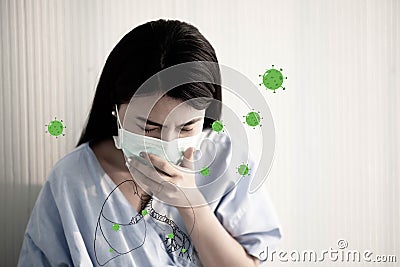 Asian patient woman wearing mask virus from sickness covid virus around in the lung Stock Photo