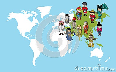 Asian people cartoons, world map diversity illustr Vector Illustration