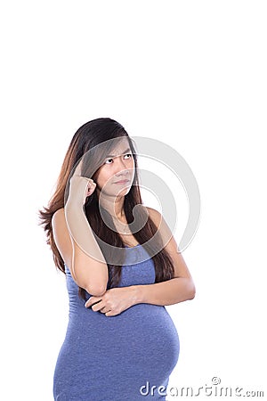 Asian pregnant woman look up and think Stock Photo