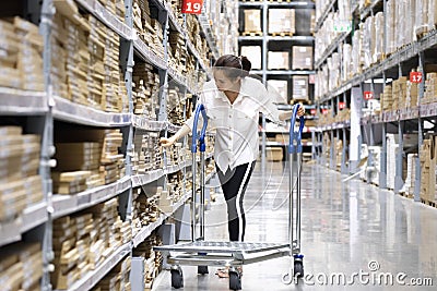 Asian pretty customer searching products in store warehouse. The girl using her hand point to the label to check the number at the Stock Photo