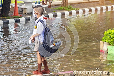 Asian primary students wear various medical masks and backpacks to protect and safety themselves from Coronavirus Covid-19 in Editorial Stock Photo