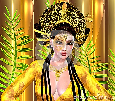 Asian princess with gold crown against a gold and green background. Modern digital art beauty, fashion and cosmetics. Stock Photo