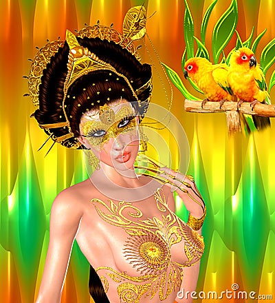 Asian princess with gold crown against a gold and green background. Modern digital art beauty, fashion and cosmetics. Stock Photo