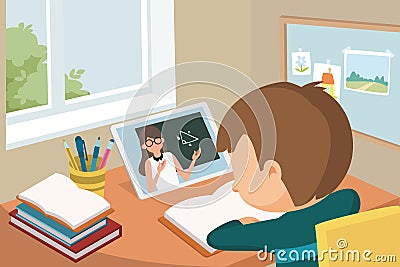 Asian pupil taking online class at home Vector Illustration