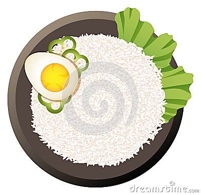 Asian rice bowl with egg and vegetables. Dish top view Vector Illustration