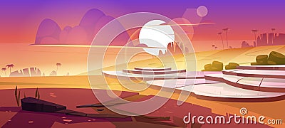 Asian rice field terraces in mountains sunset view Vector Illustration