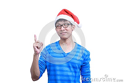 Asian Santa Claus man with eyeglasses and blue shirt has seriuosly thinking for new idea and success isolated on white background Stock Photo