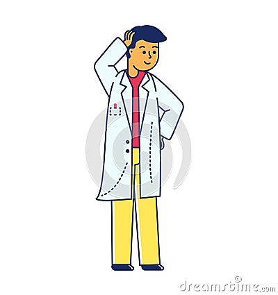 Asian scientist thinking in a lab coat. Young male doctor pondering with hand on head, smiling. Confident medical Cartoon Illustration