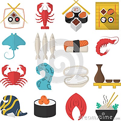 Asian seafood flat color icons Stock Photo