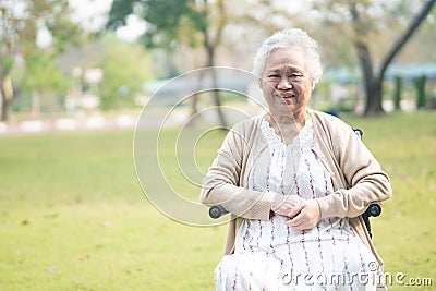 Asian senior or elderly old lady woman patient on wheelchair in park Stock Photo