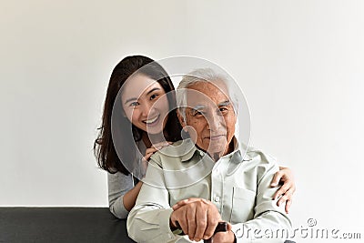 Asian senior father and smiling daughter, Happy family relationship. Stock Photo