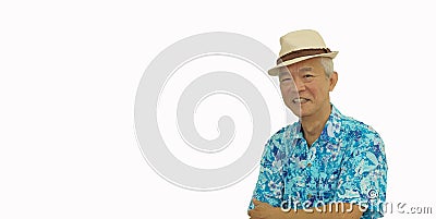 Asian senior man retired elderly in hawaii shirt straw hat happy vacation mode isolated copy space background Stock Photo