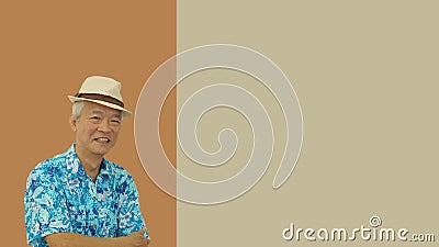 Asian senior man retired elderly in hawaii shirt straw hat happy vacation mode isolated copy space background Stock Photo