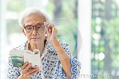 Asian senior woman reading a book relaxed at home,elderly woman spend their free time reading book Stock Photo