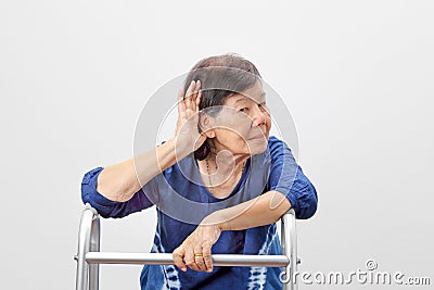 Asian seniors woman hearing loss ,Hard of hearing Stock Photo