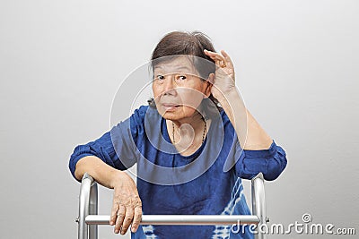 Asian seniors woman hearing loss ,Hard of hearing Stock Photo