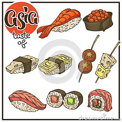 asian set, vector collection of japanese doodle sketch food, sushi and logo element for your menu design Vector Illustration