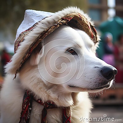 Asian Shepherd, alabai, dog in a shaggy national asian hat, papakha, shepherd dog, portrait, close-up. Stock Photo