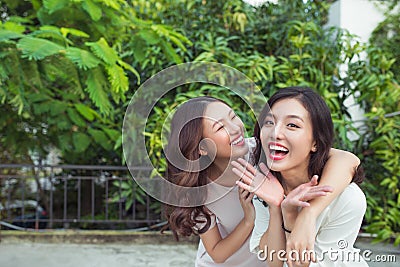 Asian sisters hugging and smiling in the park. Stock Photo