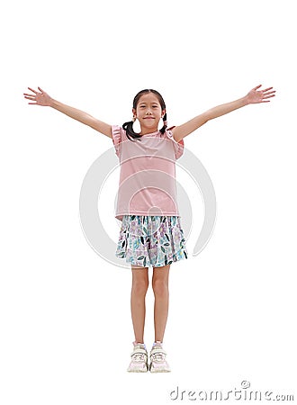 Asian smiling girl child arms wide open isolated on white background. Kid open hands outstretched or keeping arms raised. Image Stock Photo