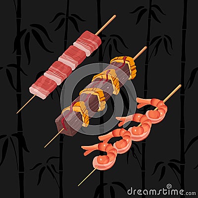 Asian snack skewers Vector Illustration