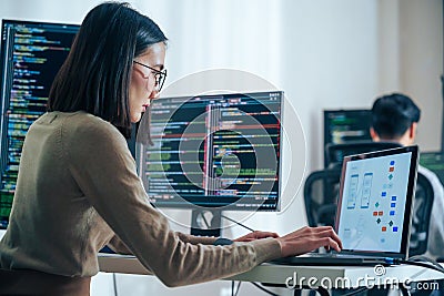 Asian software developers working on multiple screens displaying code and application diagrams in a modern office Stock Photo