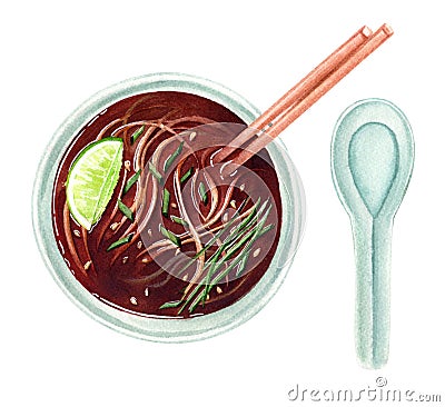 Asian soup with rice noodle, lime and onion Cartoon Illustration