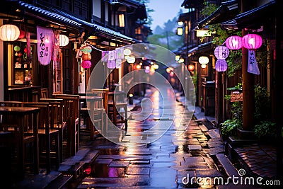 an asian street lined with tables and chairs in the rain Stock Photo