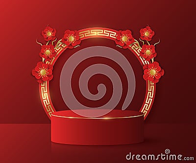 Asian style 3d podium with red wall to display your products. Tree with red flowers. Chinese new year design. Golden frame with Vector Illustration