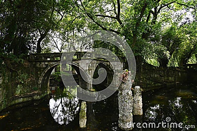 Asian style garden design, plants, pond, stone bridge Stock Photo