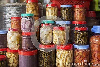 Asian style pickles in kep market cambodia Stock Photo