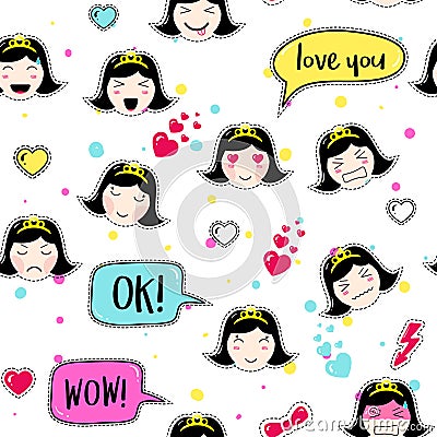 Asian style seamless pattern with anime emoticons girl Vector Illustration