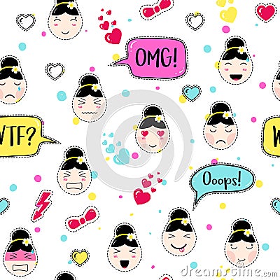 Asian style seamless pattern with anime emoticons girls Vector Illustration