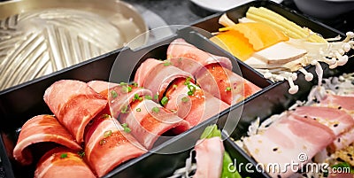 Asian Styled Barbecue Sliced Pork Served with Various Sliced Mushrooms Stock Photo