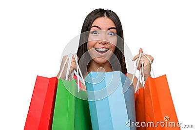 Asian surprised woman after shopping with bags Stock Photo
