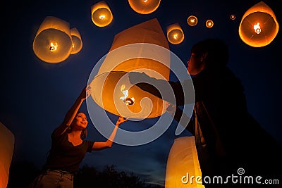 Asian sweet love enjoy yeepeng festival in Chiang mai Stock Photo