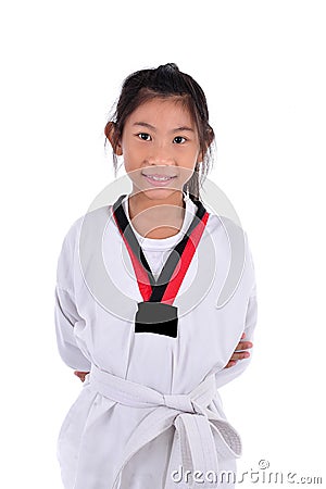 Asian taekwondo girl on with background. Stock Photo