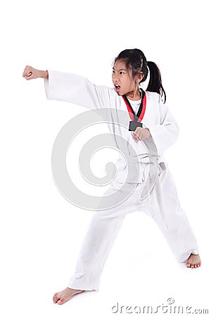 Asian taekwondo girl on with background. Stock Photo