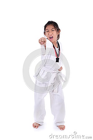 Asian taekwondo girl on white background. Stock Photo