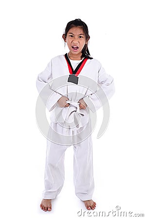 Asian taekwondo girl on white background. Stock Photo