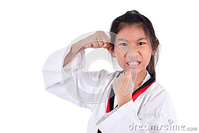 Asian taekwondo girl on white background. Stock Photo