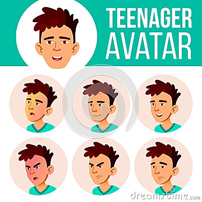 Asian Teen Boy Avatar Set Vector. Face Emotions. Flat, Portrait. Cute, Comic, Web. Cartoon Head Illustration Vector Illustration