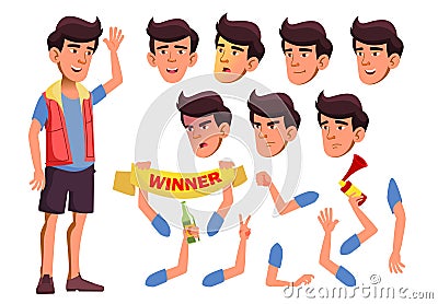 Asian Teen Boy Vector. Teenager. Face. Children. Face Emotions, Various Gestures. Animation Creation Set. Isolated Flat Vector Illustration