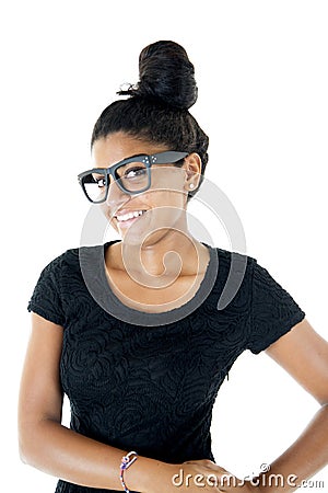 Asian teen girl portrait cute expression black glasses smiling Stock Photo
