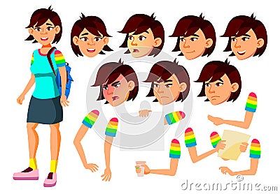 Asian Teen Girl Vector. Teenager. Positive Person. Face. Children. Face Emotions, Various Gestures. Animation Creation Vector Illustration