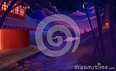 Asian temple at night sunset sky starting river house bamboo garden. Cartoon Illustration