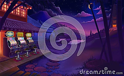 Asian temple at night sunset sky starting river house bamboo garden 3d illustration art background. Cartoon Illustration