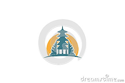 Asian temple vector blue orange color Vector Illustration